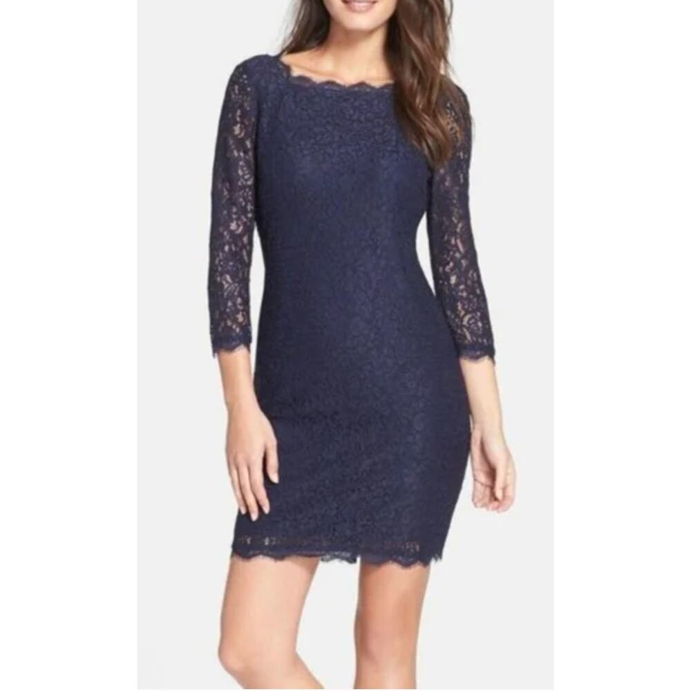 Adrianna Papell Navy Lace Overlay Sheath Cocktail Dress size 4